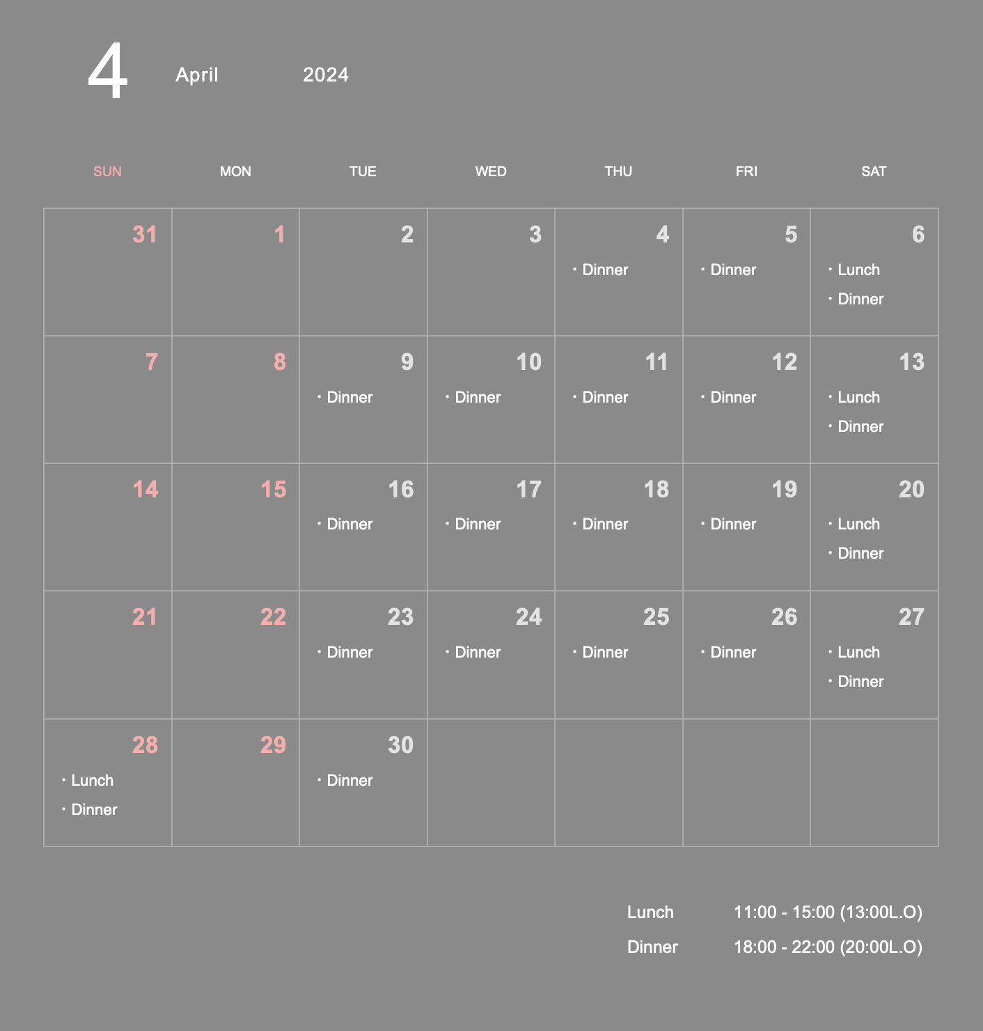 Business schedule of April