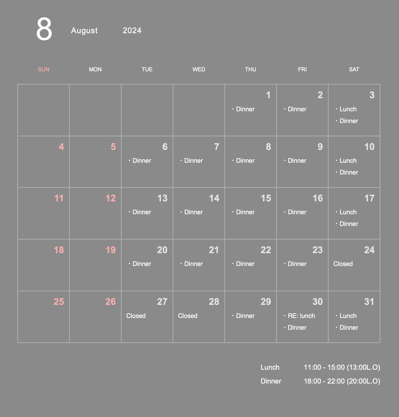 Business schedule of August