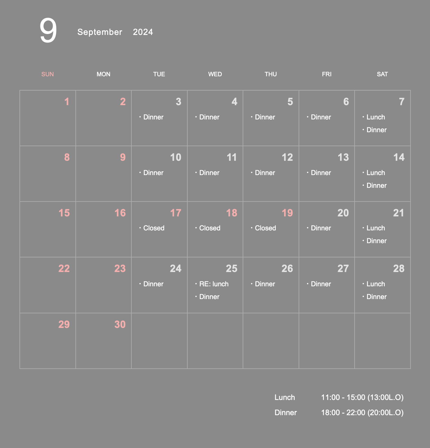 Business schedule of September