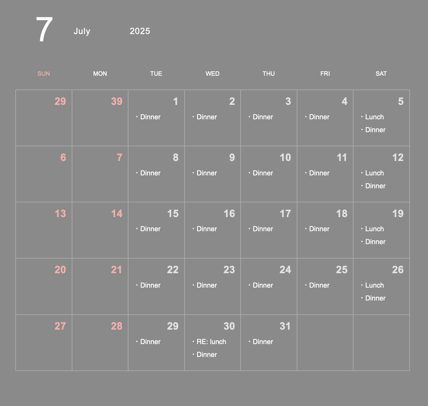 Business Schedule for july