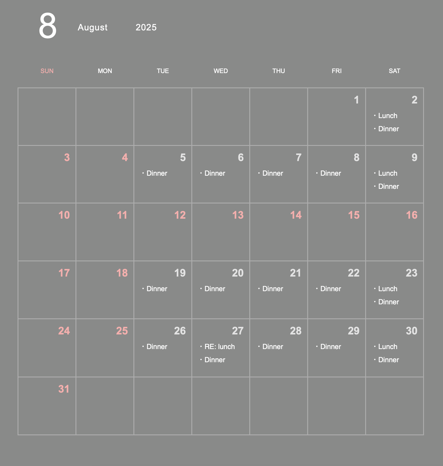 Business Schedule for August