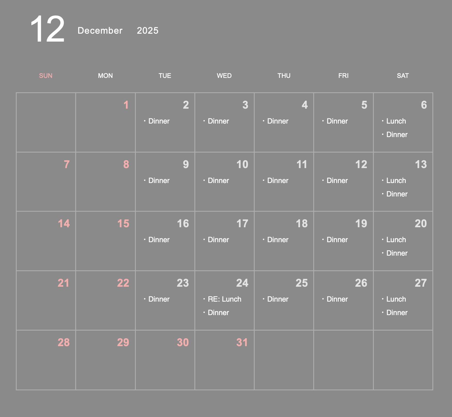 Business Schedule for December