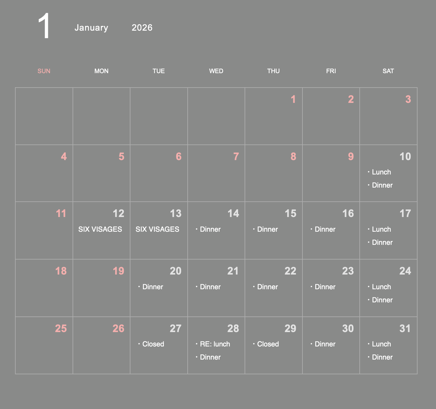 January Business Calendar