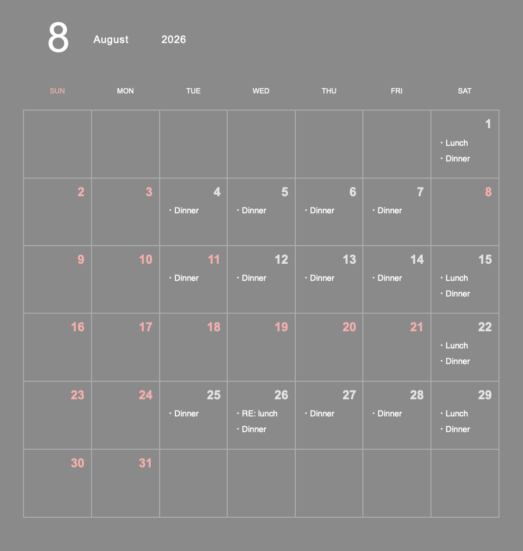 Business days for　August.