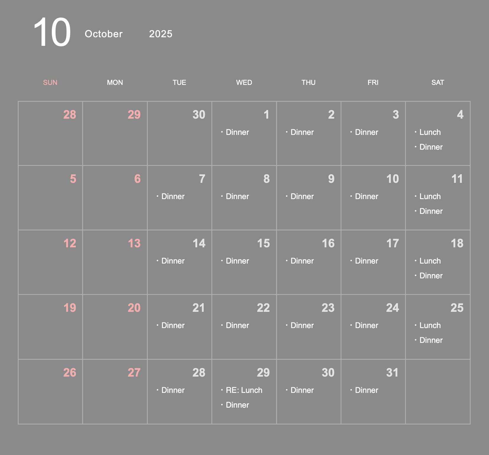 １０月営業カレンダー
