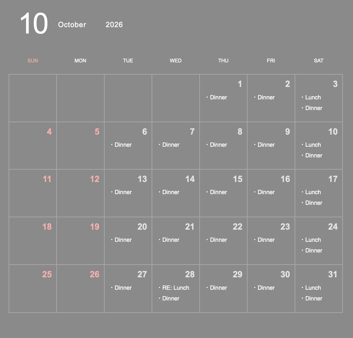 10月営業カレンダー