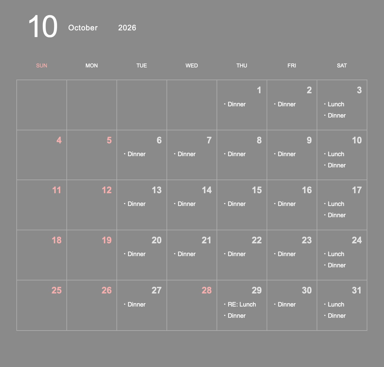 10月営業カレンダー